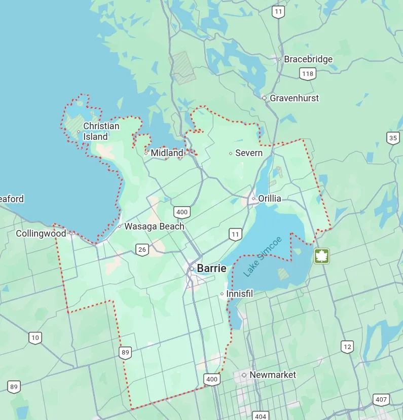 Map of our Simcoe County service area, outlined in red, from Collingwood and Christian Island to Barrie, Orillia and Innisfil
